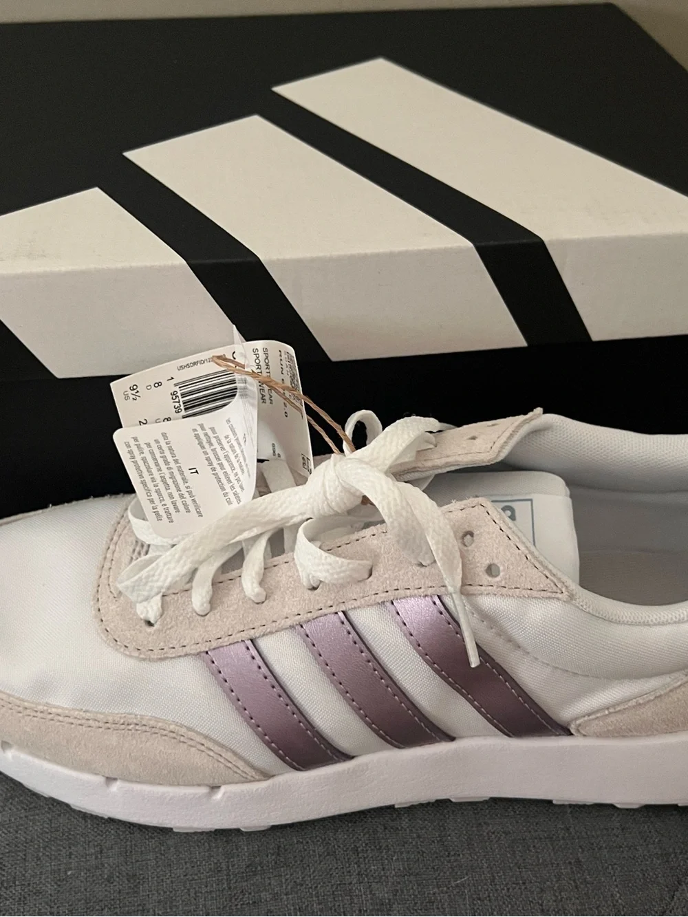 adidas White Sneaker with Metallic Lilac Stripes